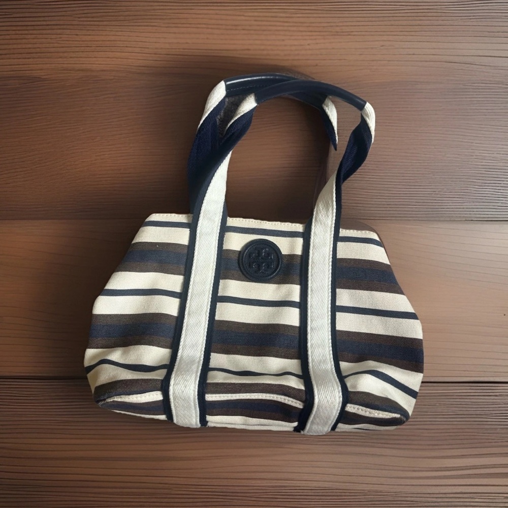 Tory Burch Navy and Cream Striped Tote